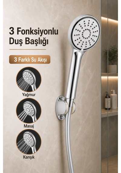 3 Fonksiyonlu Krom Duş Başlığı 150 Cm Esnek Dayanıklı Pvc Hortumlu Mafsallı Duvar Askılı Duş Seti Gri