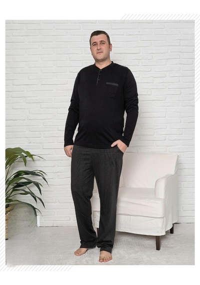 Pijamoni Erkek Battal Düğme Yaka Penye Uzun Kol Pijama Takımı 6720/17 - 1 Adet Siyah