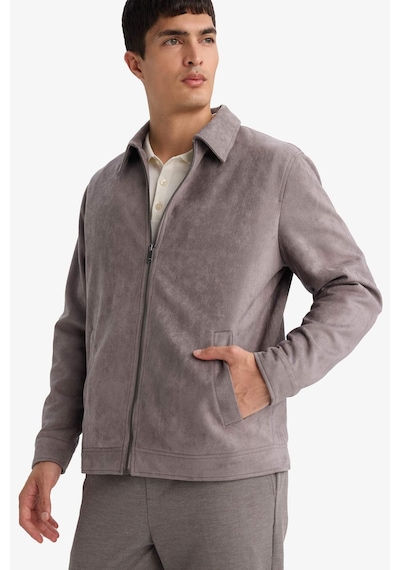 Defacto Regular Fıt Polo Yaka Astarlı Fermuarlı Süet Mont F7871ax26spgr305 Gri-gr305