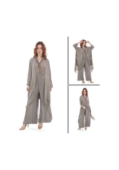 Italyan Ipek Detaylı Oversize Kap Bluz- Wes Pantolon Takım Bej