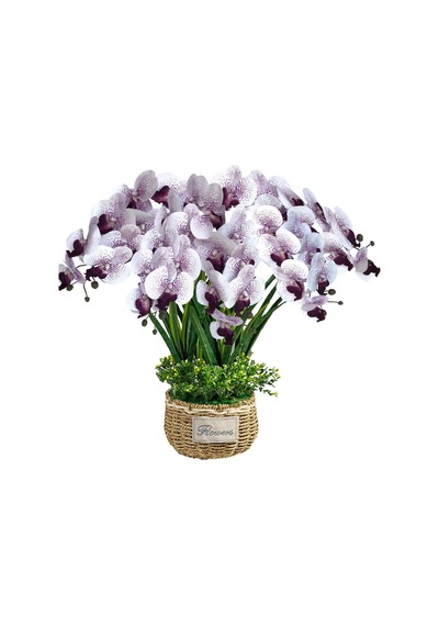 4lü Set Yapay Çiçek Beyaz Mor Çilli Islak Orkide Ve 2 Adet Orkide Yaprağı Gerçeksi Doku Uzun Dal 90cm