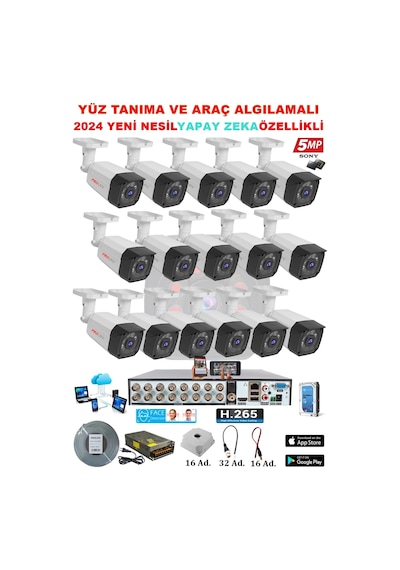 16 Kameralı Yapay Zeka Özellikli Yüz Tanıma ve Araç Algılamalı 5 Mp Kuruluma Hazır Kamera Seti