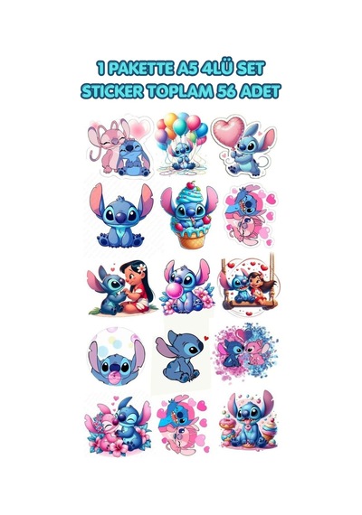 A5 4'lü Stitch Karakter Sticker Seti 56 Adet Çok Renkli