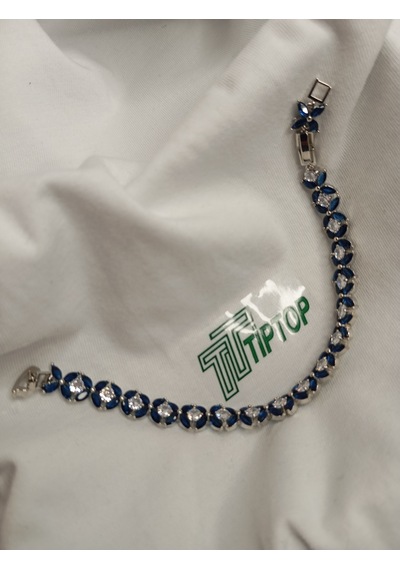 Tiptop/ Rodyum Kaplama 3mm Kare Mavi Zirkon Taşlı Su Yolu Bileklik Gümüş