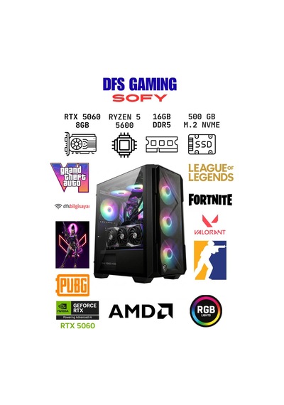 Dfs Gaming Sofy R5-5600 16 GB 512 GB SSD RTX5060 Dos Masaüstü Oyuncu Bilgisayar