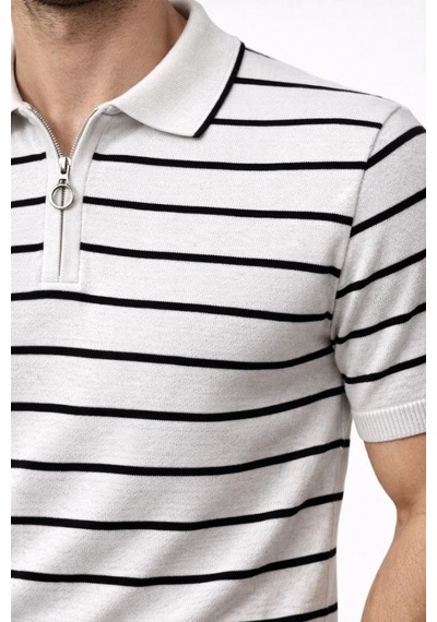 Erkek Triko Polo Yaka Fermuarlı Çizgili Tişört T-shirt Yazlık Şık - Beyaz