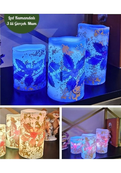 Yeni Yıl Noel 3 Lü Set Led Gerçek Mum Kumandalı 9 Renk Yanabilme Ve Animasyonlu Yılbaşı Noel Temalı Büyük Boy Led Mum