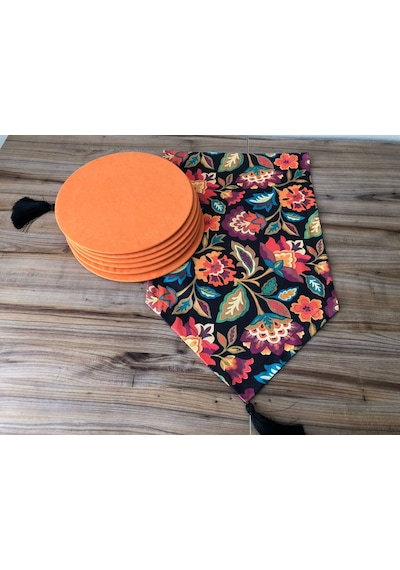 Çiçekli Şal Desenli Runner & Turuncu Supla Çok Renkli