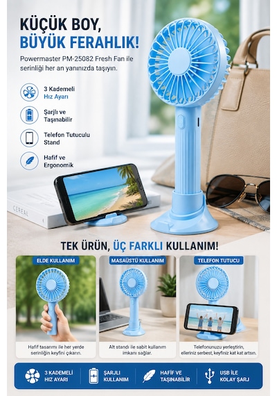 3 Fonksiyonlu Telefon Tutuculu Taşınabilir El Ve Masaüstü Vantilatör Şarjlı 3 Kademeli Mini Fan Usb