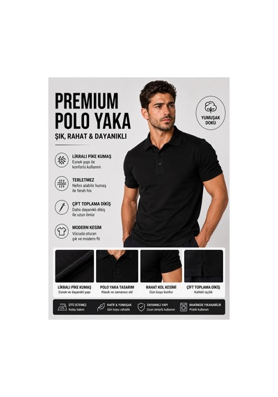 Luxıc Core Erkek Polo Yaka Siyah Tişört Likralı Pike Kumaş Terletmez Slim Fit Günlük Şık Tasarım