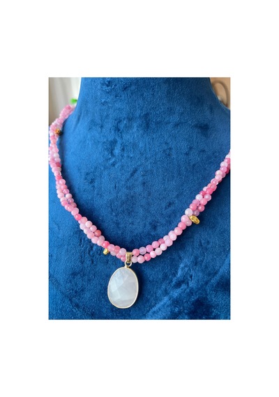 Pembe Kuvars Doğal Taş Kolye Çift Sıra Sarmal Tasarım 4 Mm Taş 53 Cm Pembe Pembe
