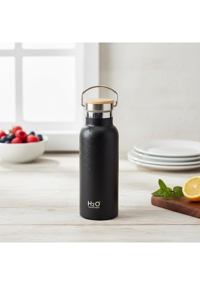 Tr Bambu Kapaklı Siyah Çelik Termos Matara - 500 Ml Sızdırmaz Kilitli Mug - Doğal Ahşap Detaylı Sıcak Ve Soğuk Genel