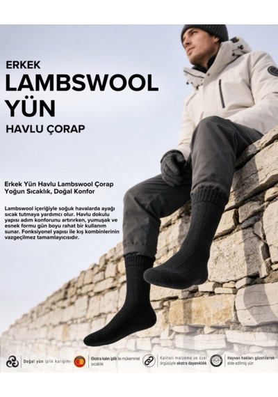 Bolero E99 Erkek Yün Havlu Lambswool Çorap Siyah
