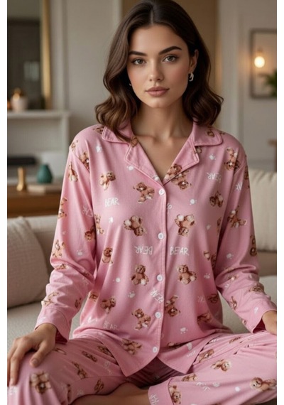 Rukod Kadın Mor Ayıcık Desenli Süet Gömlek Yaka Düğmeli Uzun Altlı Pijama Takımı Pembe