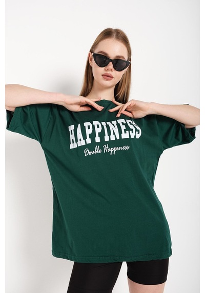 Flood Of Style Kadın Haki Happıness Baskılı Oversize Tshirt