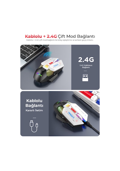 Mkespn W19 Dual Mode Kablosuz Gaming Mouse 10000 Dpı 7 Tuş Makro 1000hz Rgb - Siyah Beyaz