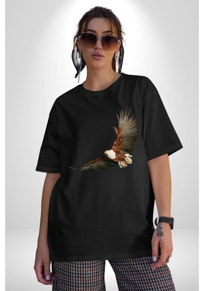 Kartal Özgürlük Pamuklu Bisiklet Yaka Unisex Oversize Boyfriend Dijital Baskılı Siyah T-shirt Siyah