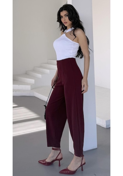 Paw Garage Kadın Bernis Bordo Balon Pantolon, Beli Lastikli Şalvar Model Krep Balon Pantolon Basen Gizleyen Bordo
