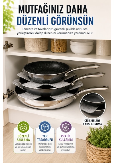 3'lü Gri Tava Çizdirmez Keçe Koruyucu 33 Cm Tava Tencere Ayırıcı Çizik Önleyici Organizer Set