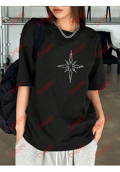 Flood Of Style Unisex Pusula Baskılı Tshirt Siyah