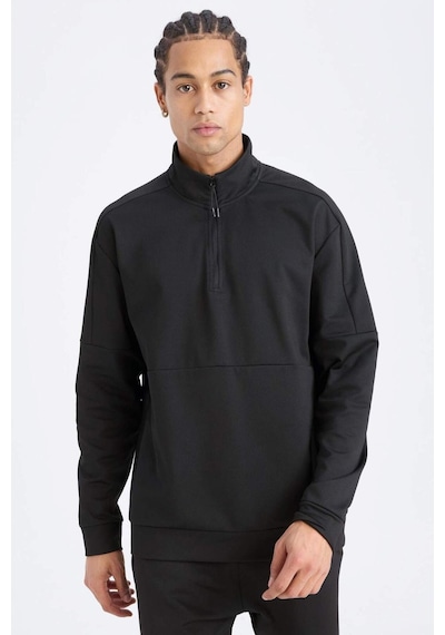 DeFactoFit Standart Fit Dik Yaka Fermuarlı Skuba Dalgıç Kumaş Sporcu Sweatshirt D7305AX25SPBK81