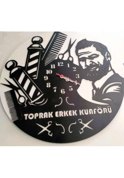 Erkek Berber Kuaför İçin Dekoratif Duvar Saati -2 Siyah