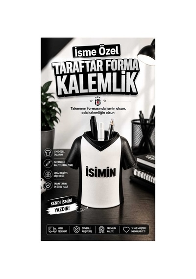 Kişiye Özel Siyah Beyaz Taraftar Temalı Masaüstü Kalemlik İsme Özel Forma Tasarımlı Kalemlik Ve Masaüstü Organizer Siyah - Beyaz