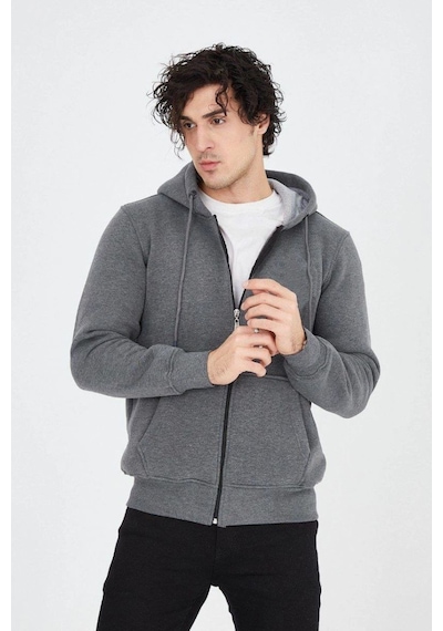 Mbb E-ticaret Erkek 3 İplik Pamuklu Fermuarlı Kapüşonlu Kanguru Cepli Hoodie Hırka Sweatshirt - Füme