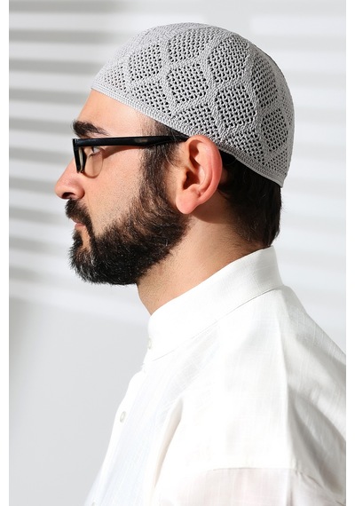 Makine Örgüsü Dantel Detaylı Namaz Takkesi Gri Gri
