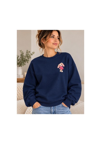 Gıovera Premium Kadın Oversize Sweatshirt Sevimli Tavşan Baskılı Beyaz Bisiklet Yaka Lacivert
