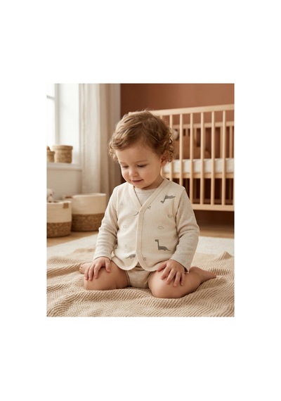 Minory Baby - %100 Pamuk Bebek Yeleği Dinozor Motifli Bej Bej