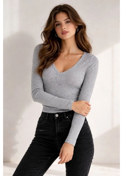 Mbb E-ticaret Kadın Fitilli Kaşkorse V Yaka Uzun Kollu Body Bluz Slim Fit - Gri