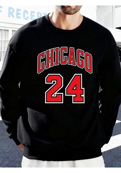 Startmore Startmorechicago Number 24 Letter Baskılı Erkek Kazakları Rahat Sokak Modası Polar Sweatshirt Yuvarlak Siyah