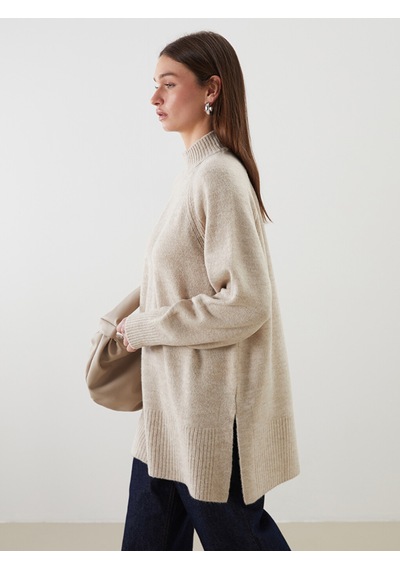 Lcw Modest Ekru Dik Yaka Oversize Kadın Triko Tunik