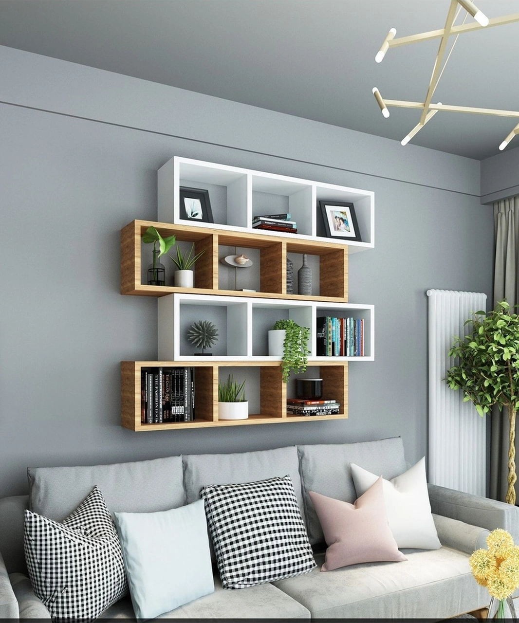 Kitaplık Lux Yatay Duvar Rafı Kahve Beyaz 4 Lü Takım Kahve Beyaz