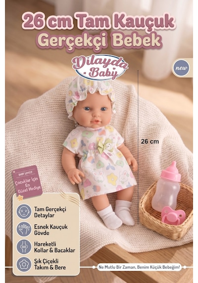 26 Cm Tam Kauçuk Gerçekçi Et Bebek - Kıyafetli, Biberonlu & Emzikli Set Y 20233976