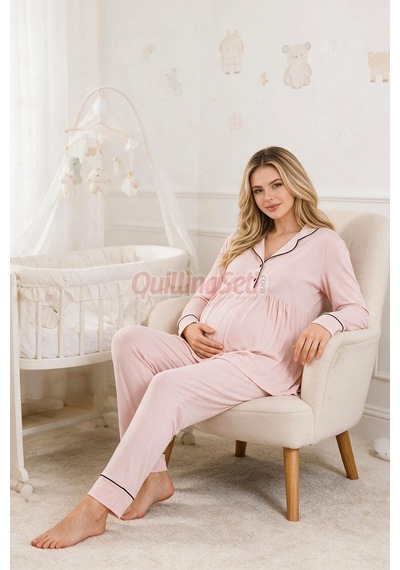 Lady Bebe Pembe Renkli Kol Ve Paçaları Manşetli, 33202 Uzun Kol, 2 Parça Lohusa Hamile Pijama Takımı Açık Pembe