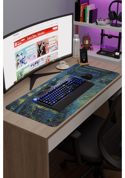 Van Gogh Ren Nehrinde Yıldızlı Gece V5 90x40 Xxl Gaming Kauçuk Kaymaz Taban Mouse Pad Fare Altlığı