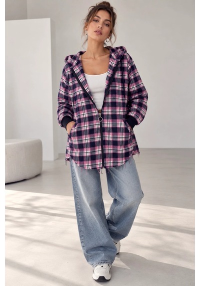 Bb Butik Basic Kapüşonlu Fermuarlı Oversize Ekose Oduncu Gömlek Ceket Kadın Rahat Mevsimlik Günlük Tr0935 Fuşya