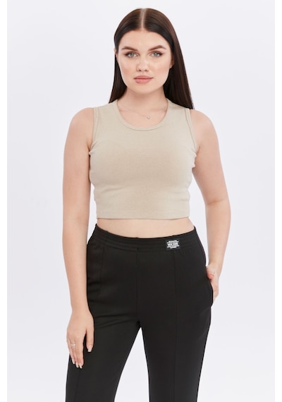 Bella Dossi Rahat Kaşkorse Kolsuz Sıfır Yaka Kadın Crop Top Ekru