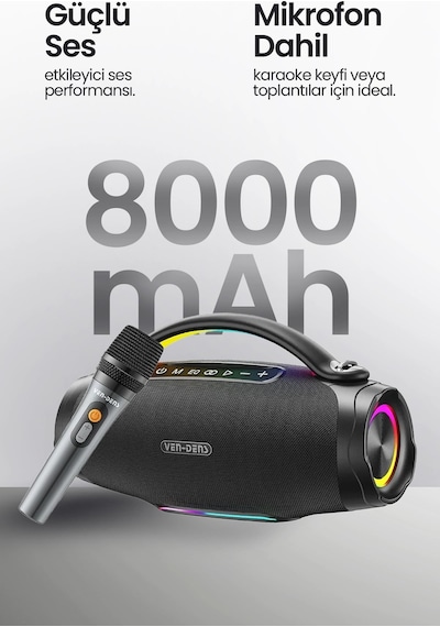 Ven-dens Spk026s 100 W Led Işıklı Bluetooth Hoparlör, 8000 Mah Batarya, 14 Saate Kadar, Siyah
