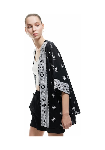 Koton Viskon Yarım Kollu Etnik Kimono Siyah Desenli 5sal50004ıw Siyah Desenli