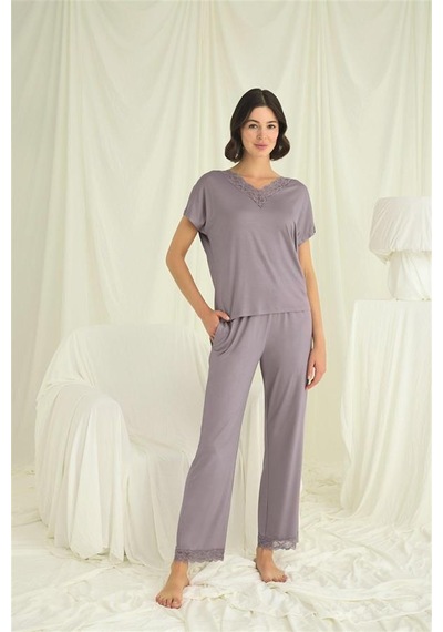 Aria's Closet Aesco Kısa Kollu V Yakalı Dantelli Pijama Takımı Karışık-çok Renkli