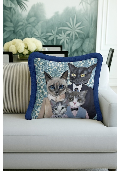 Zarif Vintage Kedi Ailesi Saçaklı Yastık Kılıfı - Sanatsal Bohem Mavi Püsküllü Kırlent Kılıfı Açık Kumlu Nane