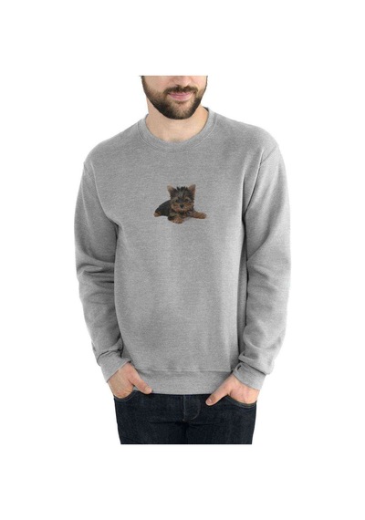 Yorkie Poodle Baskılı Gri Erkek Örme Sweatshirt