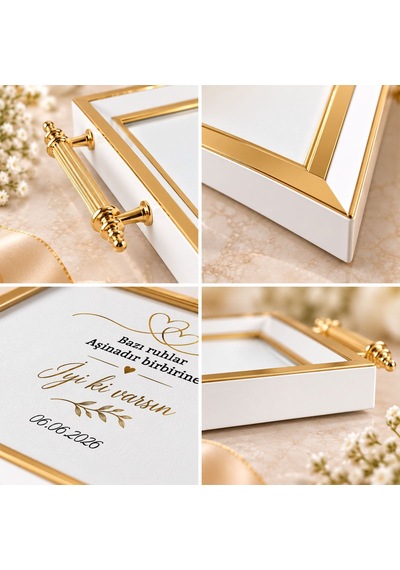 Bk Gift Kişiye Özel Beyaz&gold Söz Nişan Tepsisi-6 - 39x23 Cm Çok Renkli