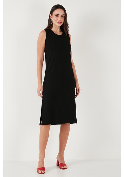Lela Regular Fit Bisiklet Yaka Yırtmaç Detaylı Basic Midi Bayan Elbise 5866160 Siyah