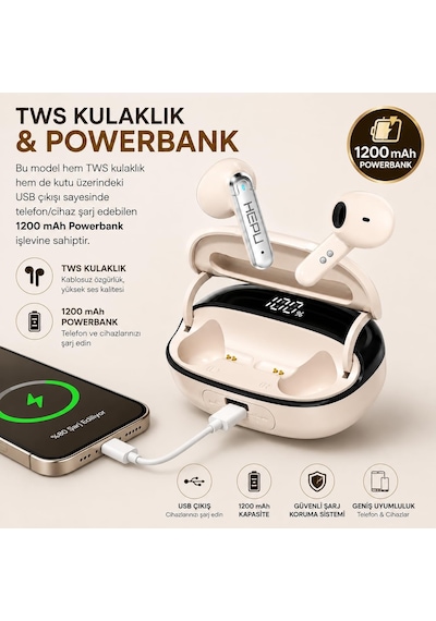 Hp-675 Bluetooth Kablosuz Kulaklık Ve 1200 Mah Powerbank Dijital Led Ekranlı V5.2 Hd Ses Dokunmatik Kontrol Bej Beyaz - Çok Renkli Hp-675 Bluetooth Kablosuz Kulaklık Ve 1200 Mah Powerbank Dijital Led Ekranlı V5.2 Hd Ses Dokunmatik Kontrol Bej Beyaz - Çok Renkli