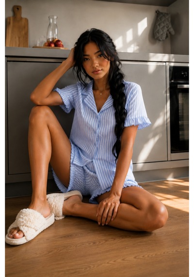 Kadın Cool Elastanlı Mavi Pijama Takımı Yazlık