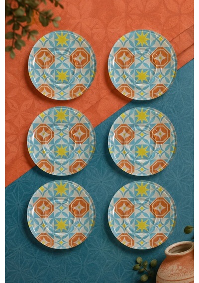 6 Lı Cam Çay Tabağı Geometrik Turkuaz Turuncu Desenli 12 Cm 6 Adet Çay Tabak